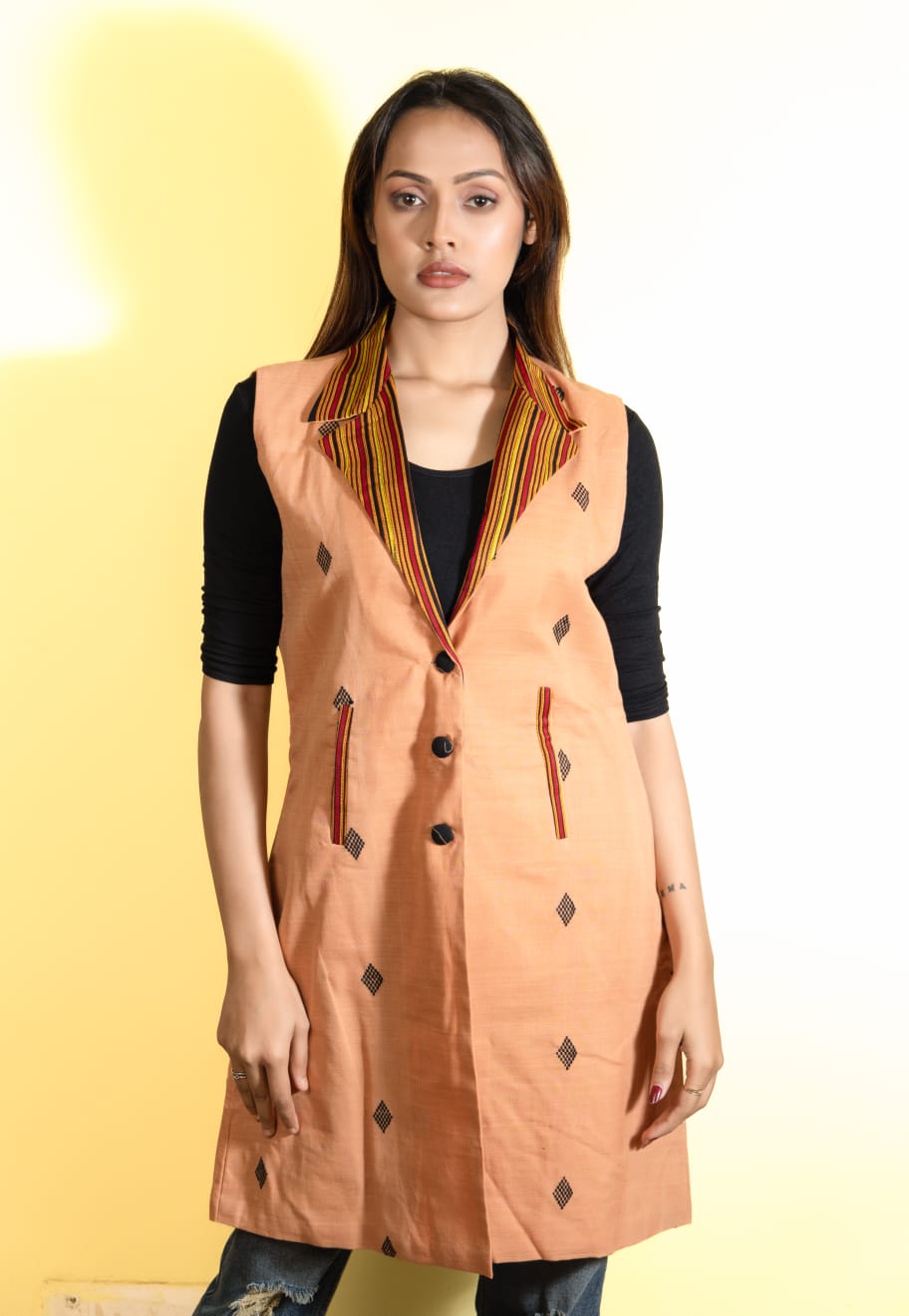Black and Brown Long Shrug with Assamese traditional motifs.